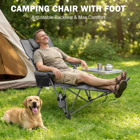 Adjustable Camping Folding Chair -5 Adjustable Angles With Detachable Footrests Padded Pillow Cup Holder & Carry Bag 400 LBS Capacity-Gray