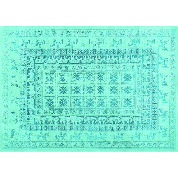 Ahgly Company Machine Washable Indoor Rectangle Abstract Turquoise Blue Contemporary Area Rugs, 2' x 5'