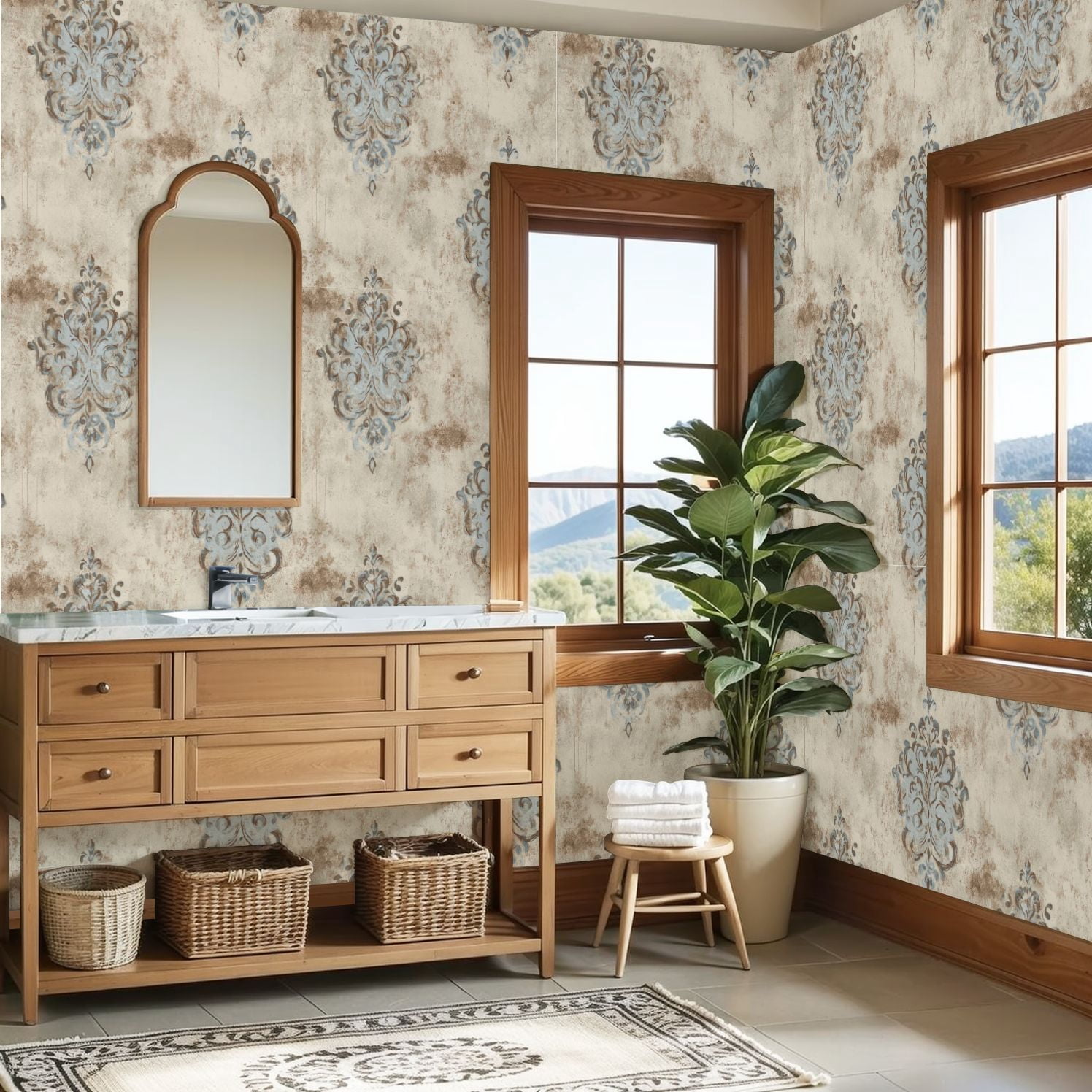 Boho Peel and Stick Wallpaper Vintage Blue Brown Damask Floral Distressed Contact Paper 23.6in x 9.8ft Wallpaper Removable Self Adhesive Wall Paper for Bedroom