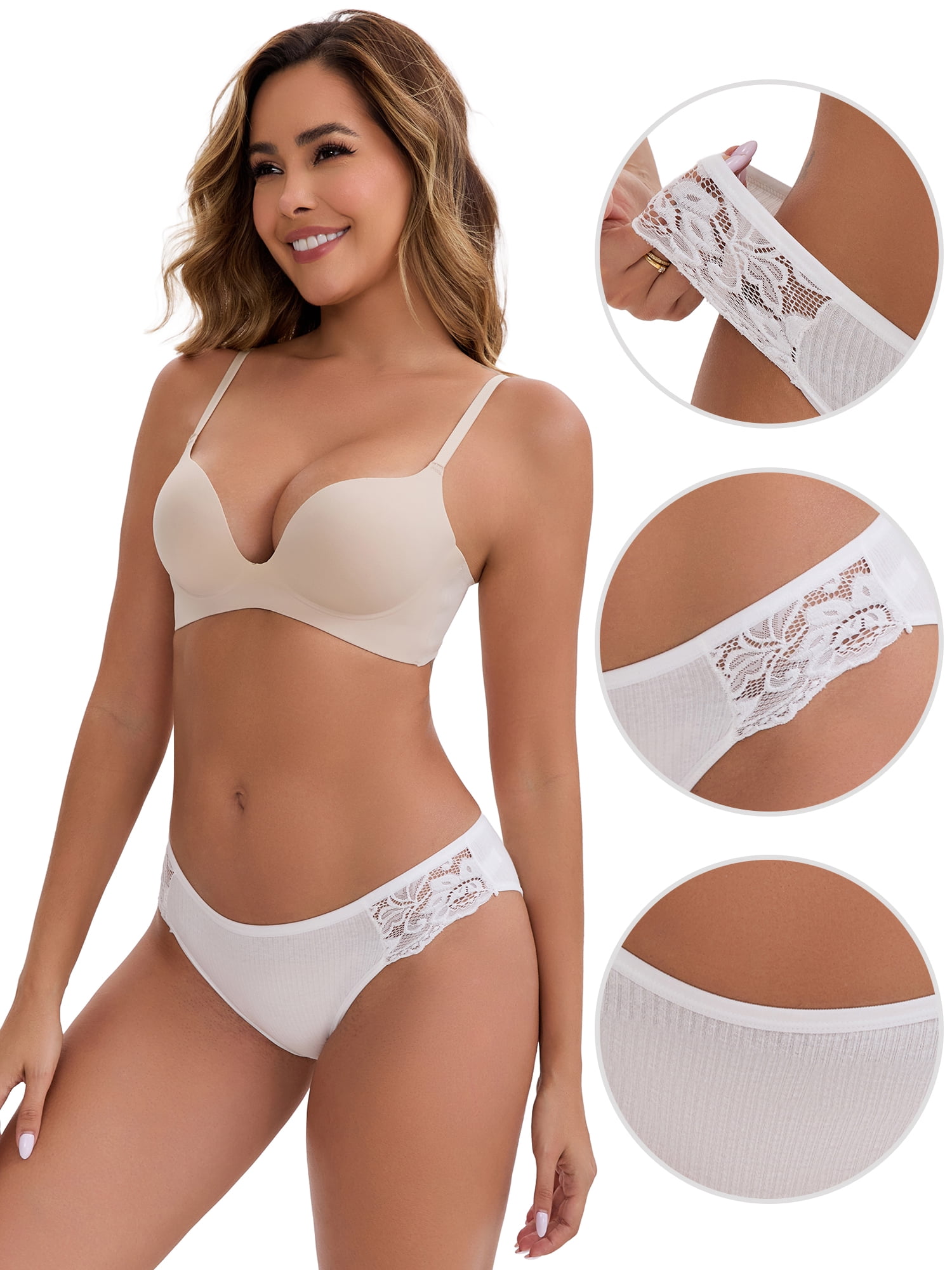DARING DIVA Women's Lace Ribbed Low Waisted Butt Lifting Underwear L White