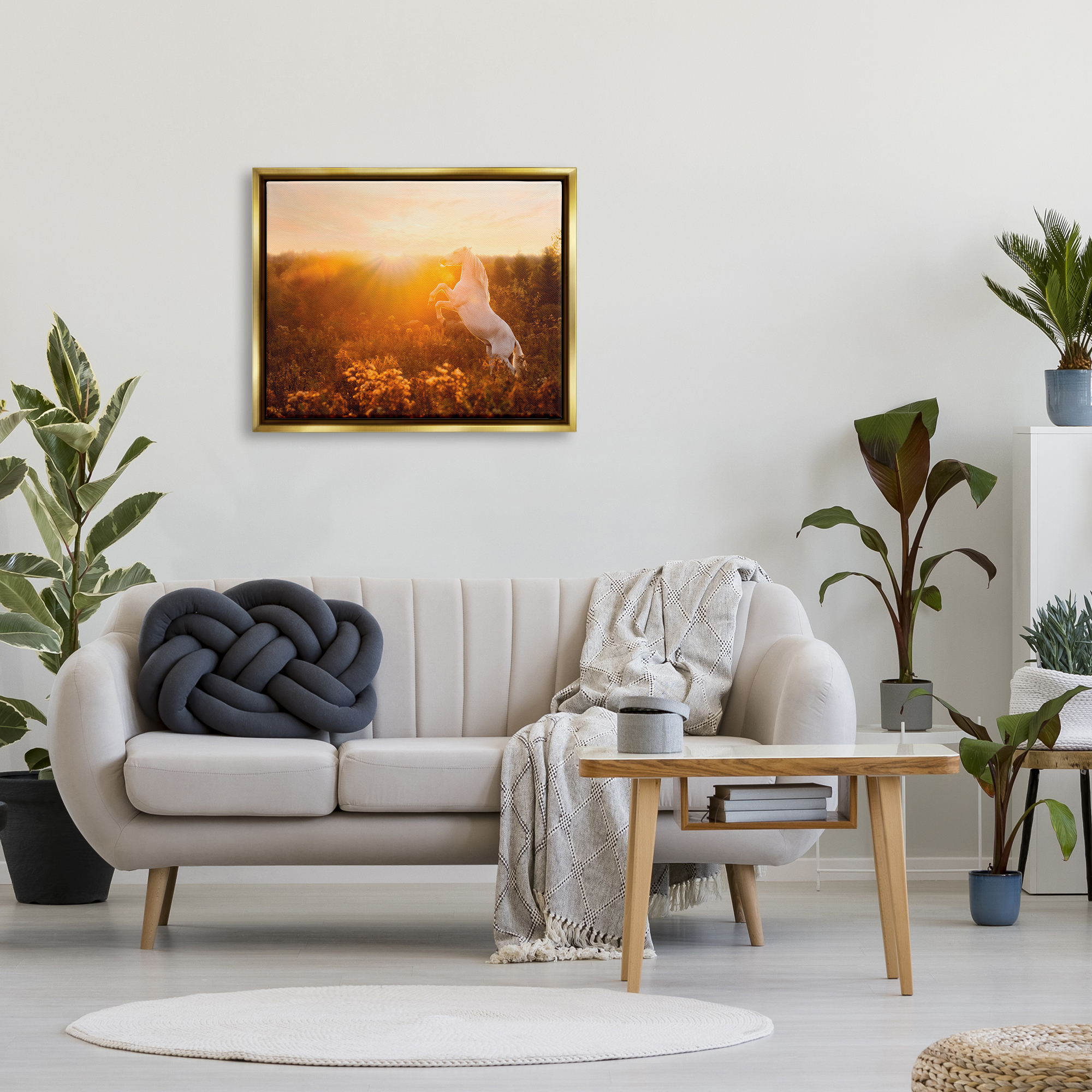 Stupell Industries Standing Horse in Rising Sun Landscape Photography Gold Floater Framed Canvas Art Print Wall Art, 31 x 25