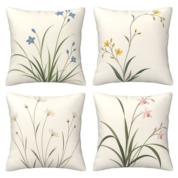 4 Pack Throw Pillow Covers 18x18 Inch, Minimal Botanical Floral Decorative Pillow Cases, Faux Linen Square Cushion Covers for Couch Sofa, Living Room Bedroom Neutral Home Decor