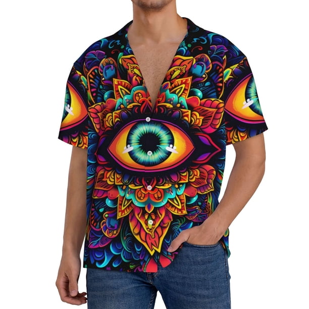 Balery Vibrant Psychedelic Eye Camisa Casual de Manga Corta con Botones para Hombre, Texturizada, Estilo Cubano, para Playa, Verano-Small