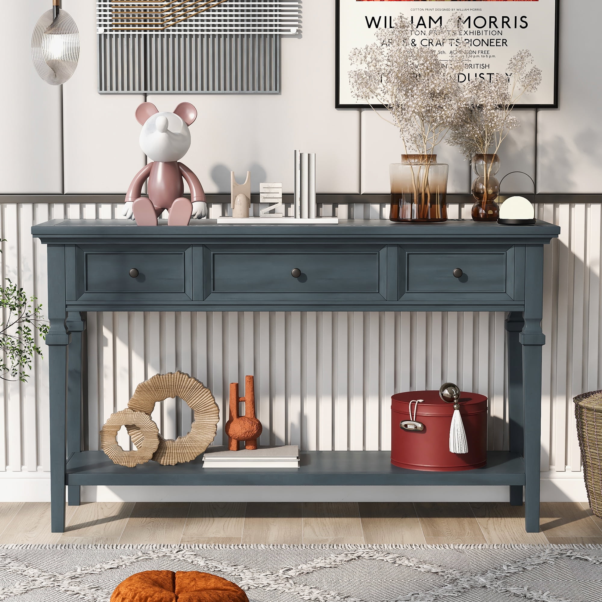 Noble House Classic Retro Style Console Table with Three Top Drawers and Open Style Bottom Shelf for Entryway, Hallway and Living Room, Navy