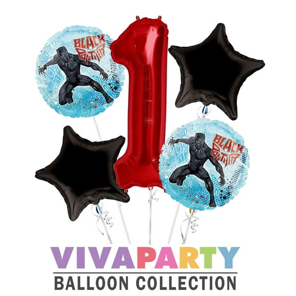 Black Panther Round Balloon Bouquet 5 pc, 1st Birthday, Red Number 1 Jumbo Balloon | Viva Party Balloon Collection