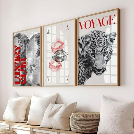UNFFRAMED Red Leopard Wall Art Set Black And White Gallery 3 Trendy Fashion Stylish Posters Decor Office Aesthetic Girly Wall Art Fashion Magazine Set 3 Prints 8x12