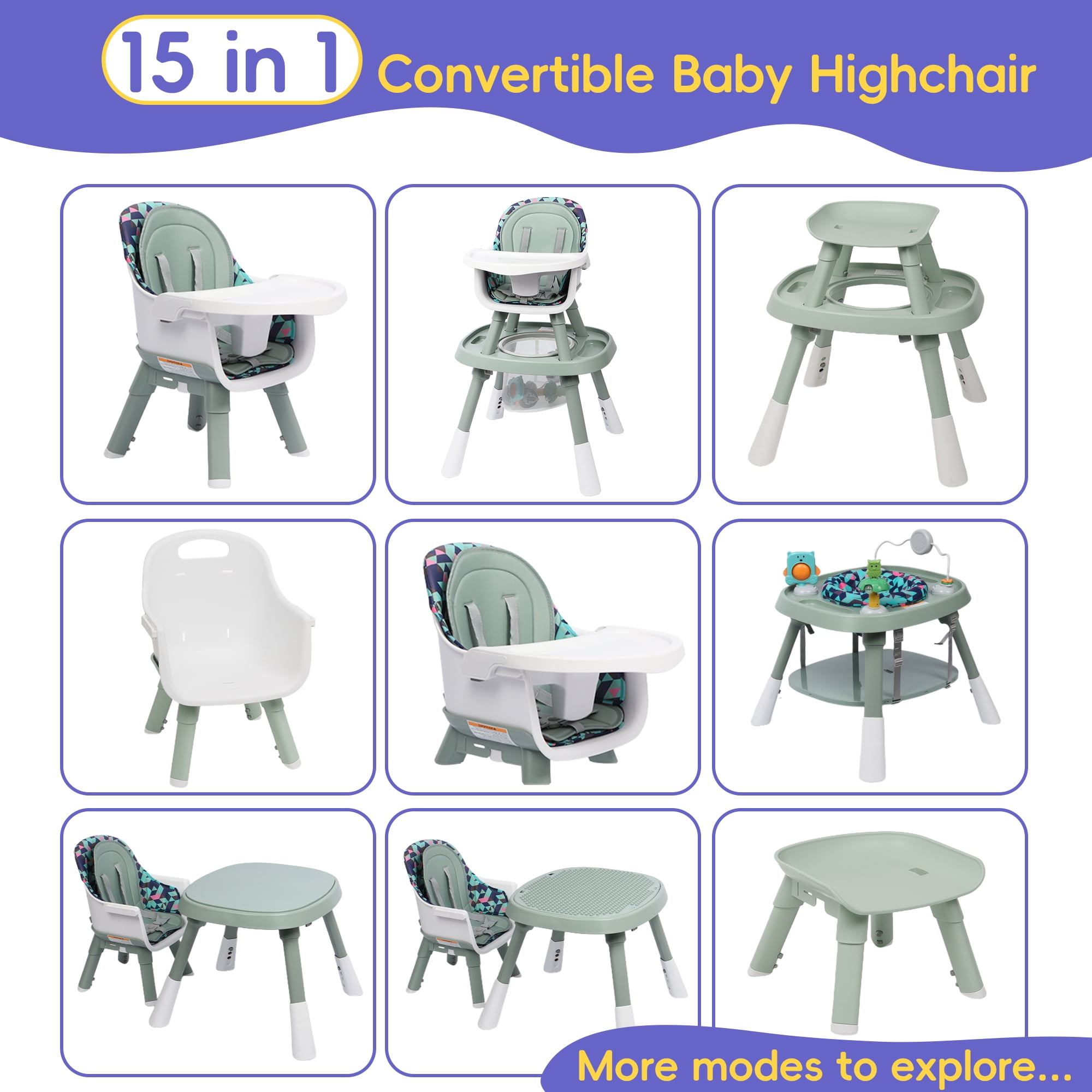 Tolead 15-in-1 Baby Highchair & Activity Center, 15-in-1 Convertible High Chair with Green