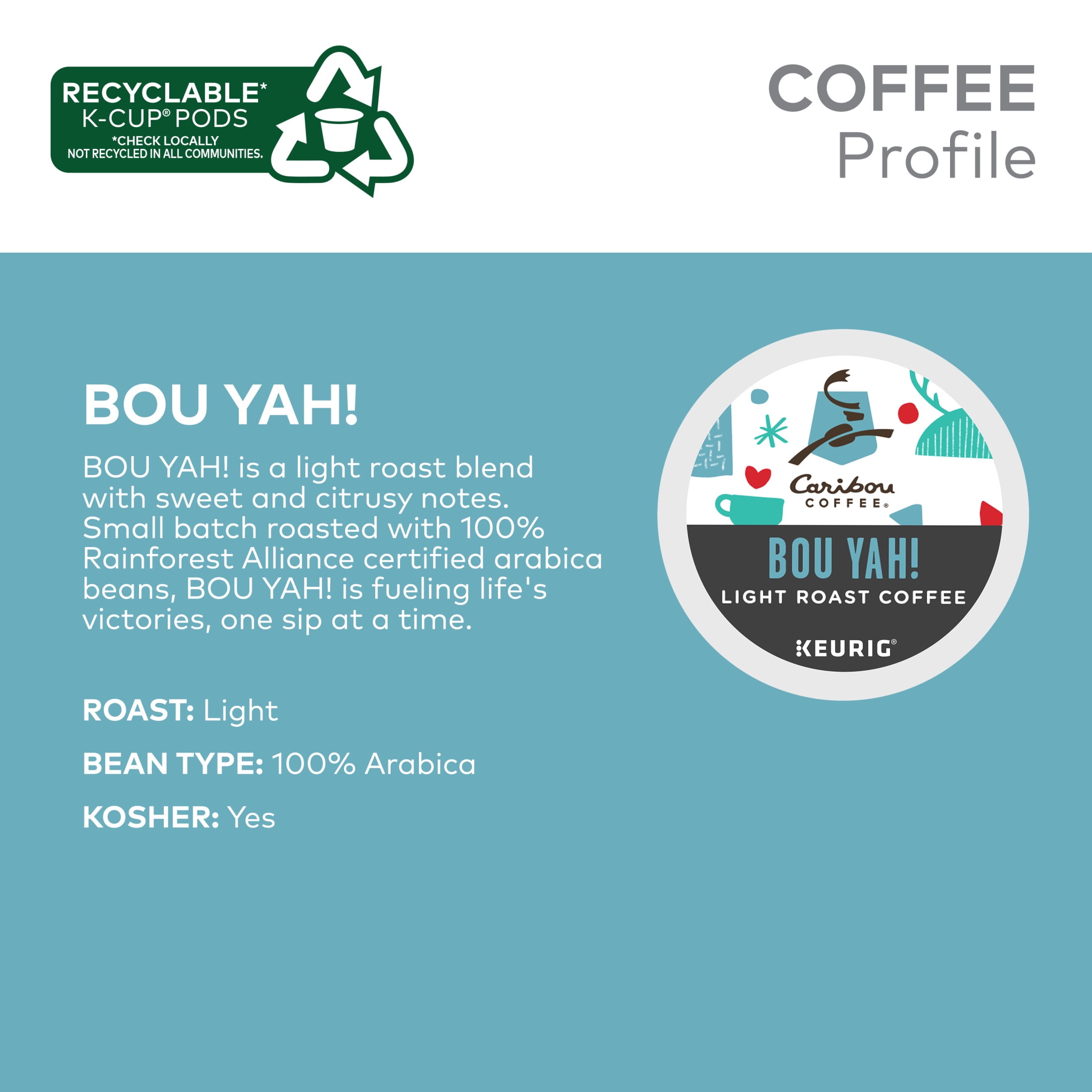 Caribou Coffee, Bou Yah Light Roast K-Cup Coffee Pods, 22 Count