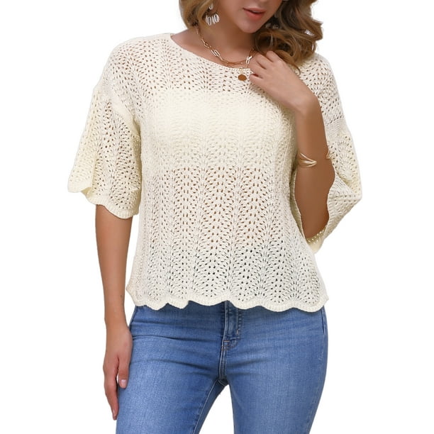 INSPIRAR CHIC Tops de Crochet de Verano de Manga Corta para Mujeres Cuello Redondo Hueco XL Beige