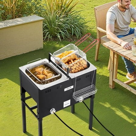 Commercial Two-Tank Propane Deep Fryer: 2x16QT Outdoor Free Standing Cooker with Durable Design