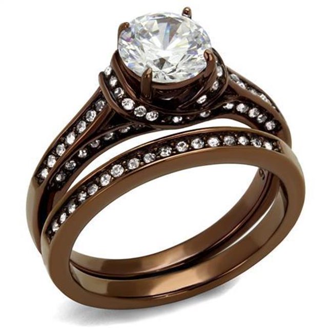 Women IP Coffee Light Stainless Steel Ring with AAA Grade CZ in Clear - Size 10