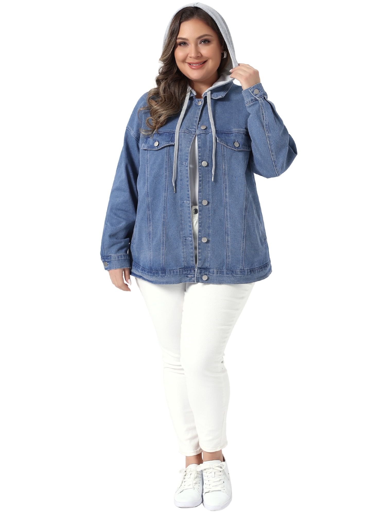 DARING DIVA Women's Plus Size Drawstring Detachable Hoodie Denim Jacket 4X Light Blue