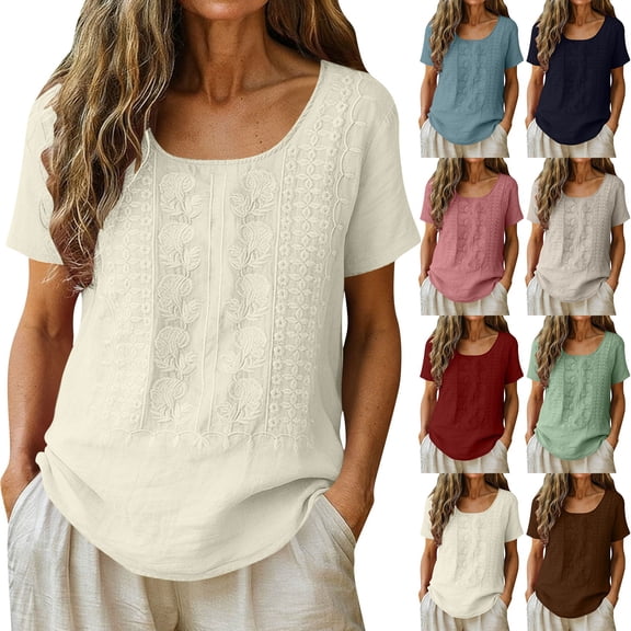 Thousandth Women's Cotton Blend Blouse Breathable Loose Fit Summer Tops Crew Neck Casual T-Shirt Embroidered Short Sleeve Blouses for Daily Wear