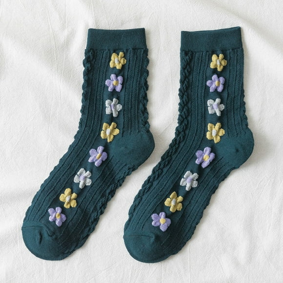 Hamky Crew Socks for Women,Cotton Socks,Women Fashion Retro Academic Style Flower Lovely Cotton Middle Tube Socks,Cute Socks,Ankle Socks Green