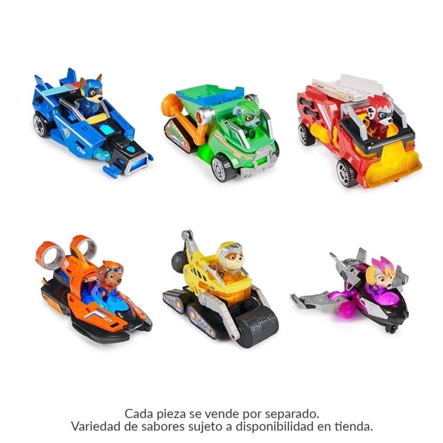vehículo paw patrol spin master vehiculos temáticos varios modelos 1 pieza Refurbished?: juguete azul — Seis vehículos temáticos de Paw Patrol sobre fondo blanco; carros de plástico con figuras montadas en colores azul, verde, rojo, naranja y amarillo, ruedas visibles y detalles moldeados tipo rescate. Cada pieza se vende por separado; tamaño ideal para llevar en la bolsa; a menudo se usan también para juegos de colección en estanterías.