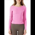 thumbnail image 1 of Camiseta Deportiva Informal de Cuello Redondo y Larga para Mujer, Estilo Jersey, para Otoño e Invierno, con Pliegues y Ajustada, para Yoga Rosa S, 1 of 8