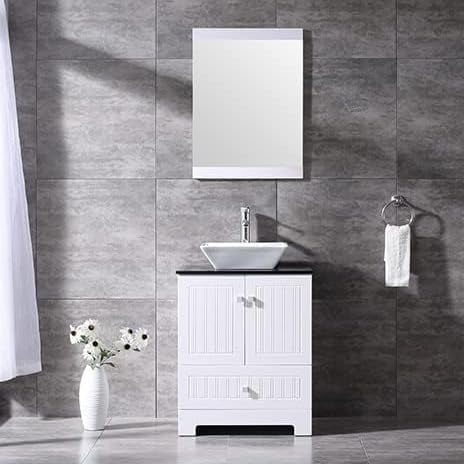 Wonline 24" White Bathroom Glass Top Standard Vanity Cabinet and Mirror Vanity Set with 22"Sink