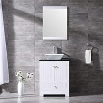 Wonline 24" White Bathroom Glass Top Standard Vanity Cabinet and Mirror Vanity Set with 22"Sink