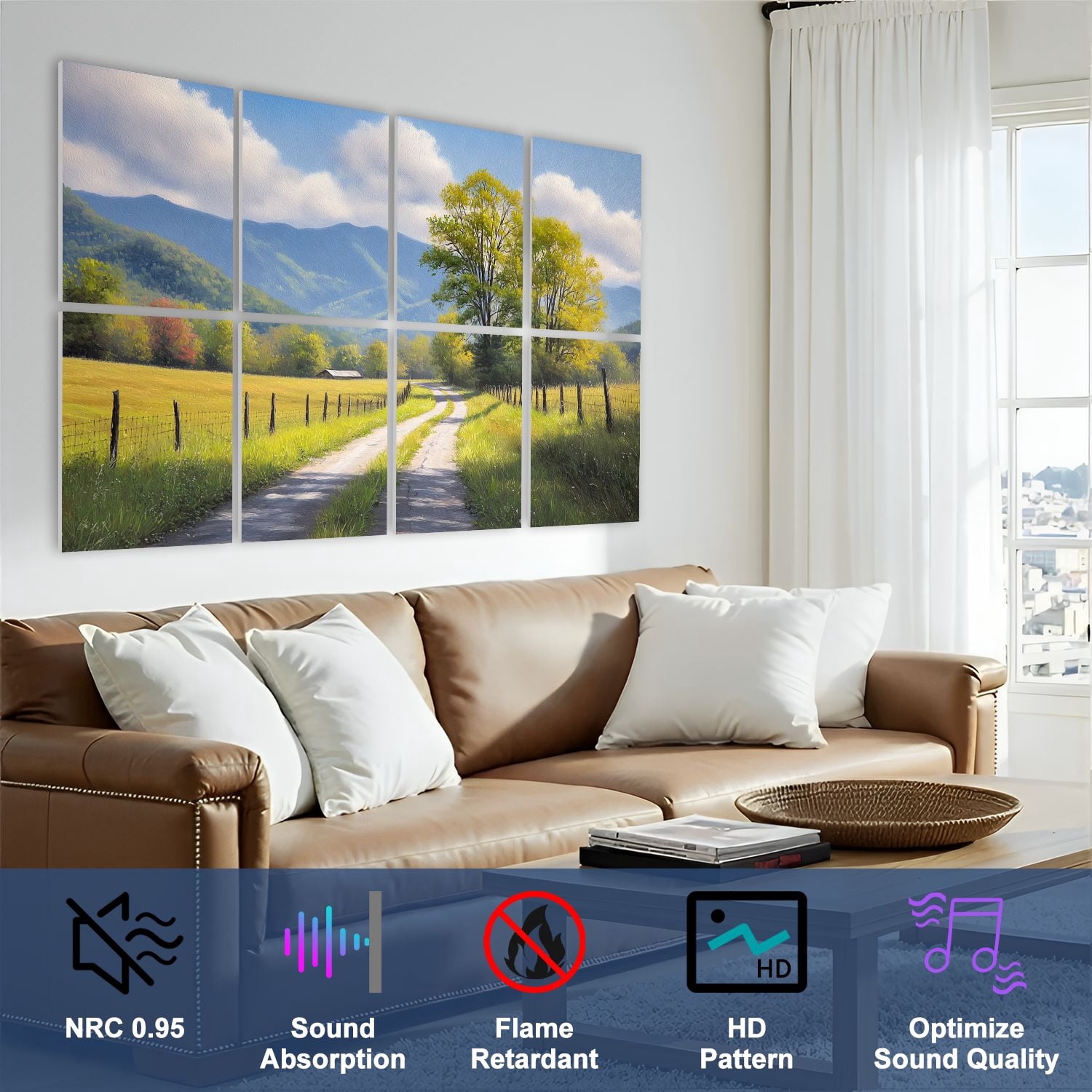 8 Pack Art Acoustic Panels Sound Absorbing Cove Great Smoky Mountains National Park Scenic Landscape Decorative Soundproof Wall Panels Self Adhesive for Nursery Game Room Bedroom 48"x32"