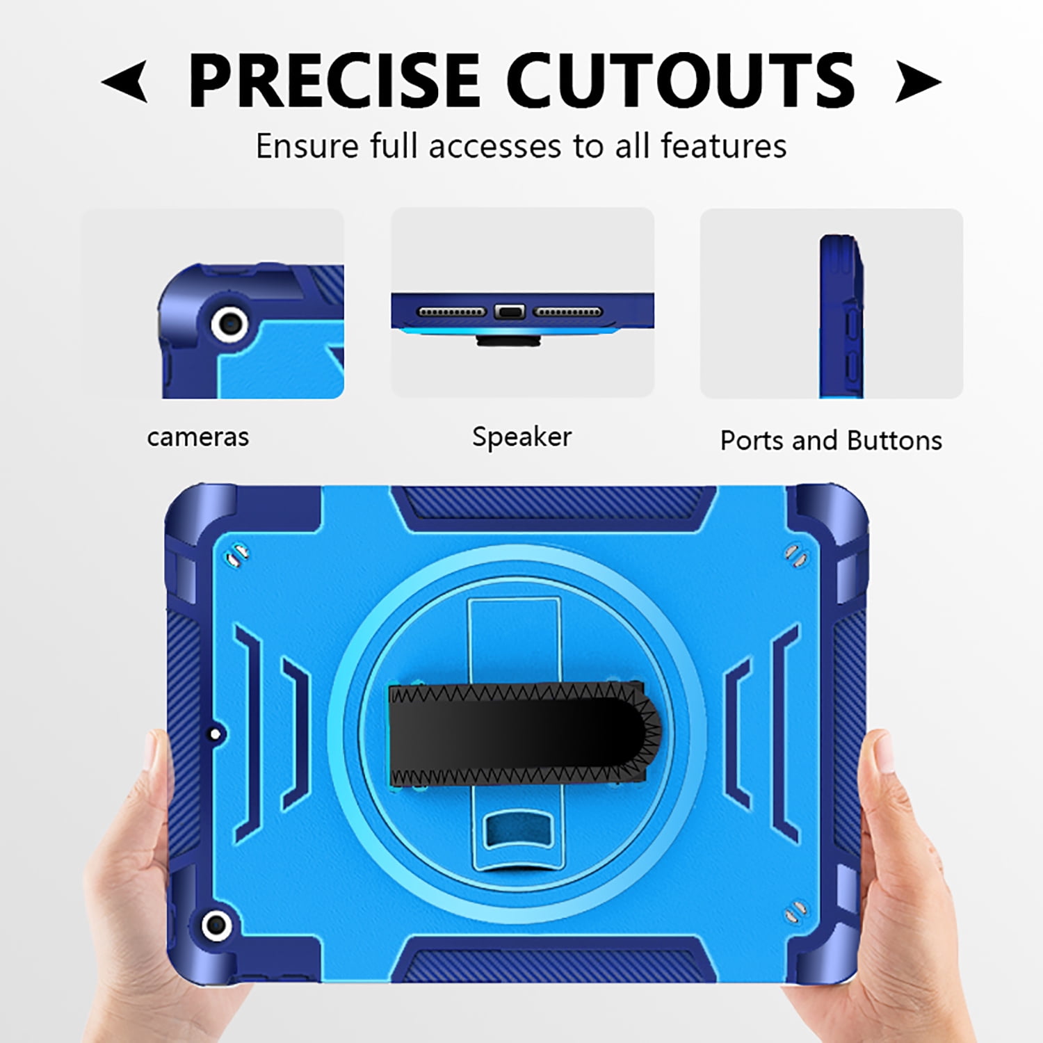 Shockproof Case for Apple iPad 9th/8th/7th Generation, with Pencil Holder Military Grade Protection Rotating Stand Hand Strap Shoulder Strap Bumper Rugged Case for iPad 10.2" 2021/2020/2019, Blue