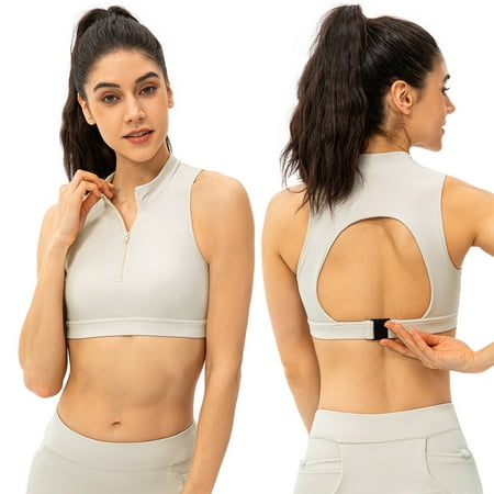 Women s 1/2 Zipper Backless Sports Bra Solid Fitness Crop Tank Top Vest White M