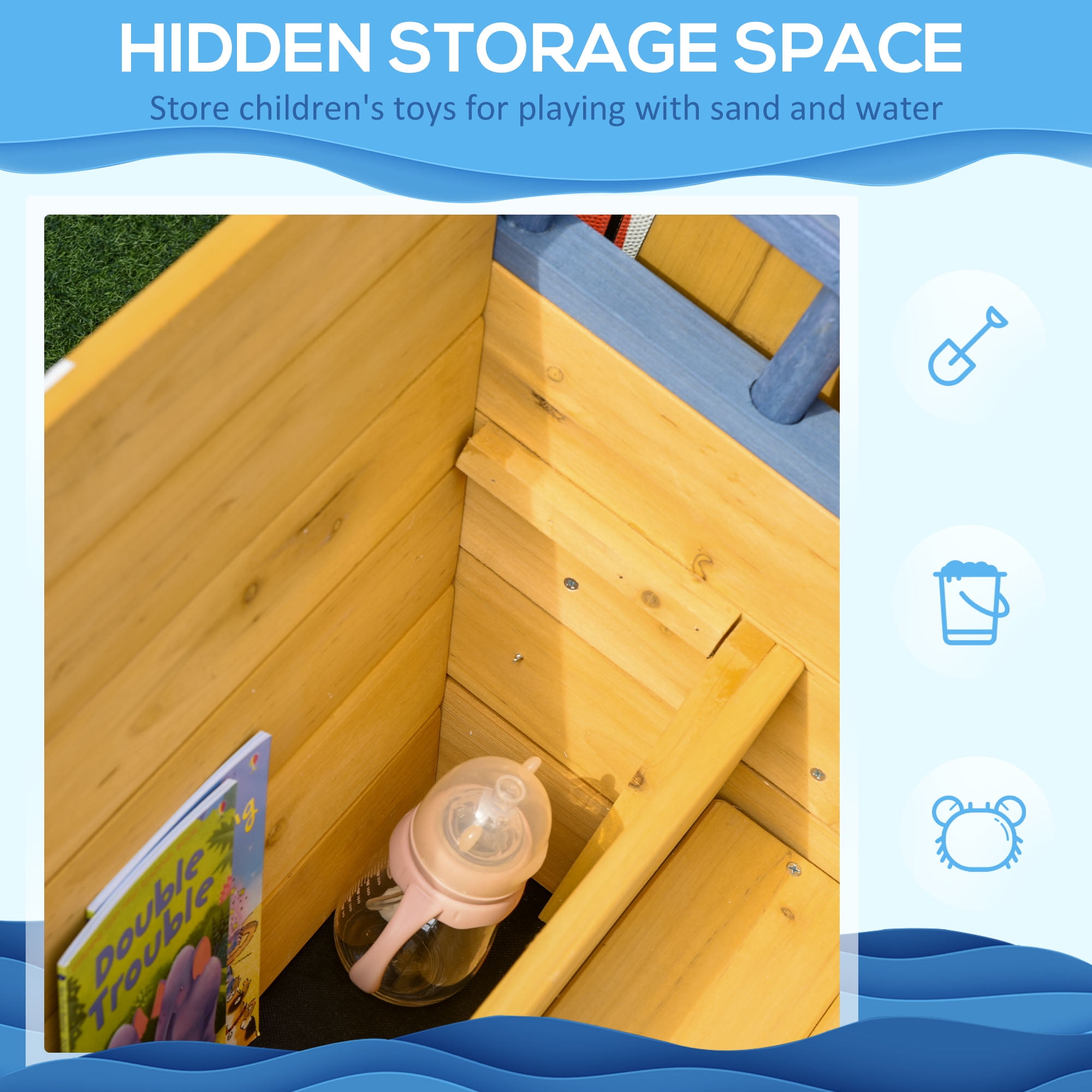 Wooden Kids Pirate Sandbox, Outdoor Sandboat with Bench Seats & Storage, Non-Woven Fabric Liner for Backyard & Lawn