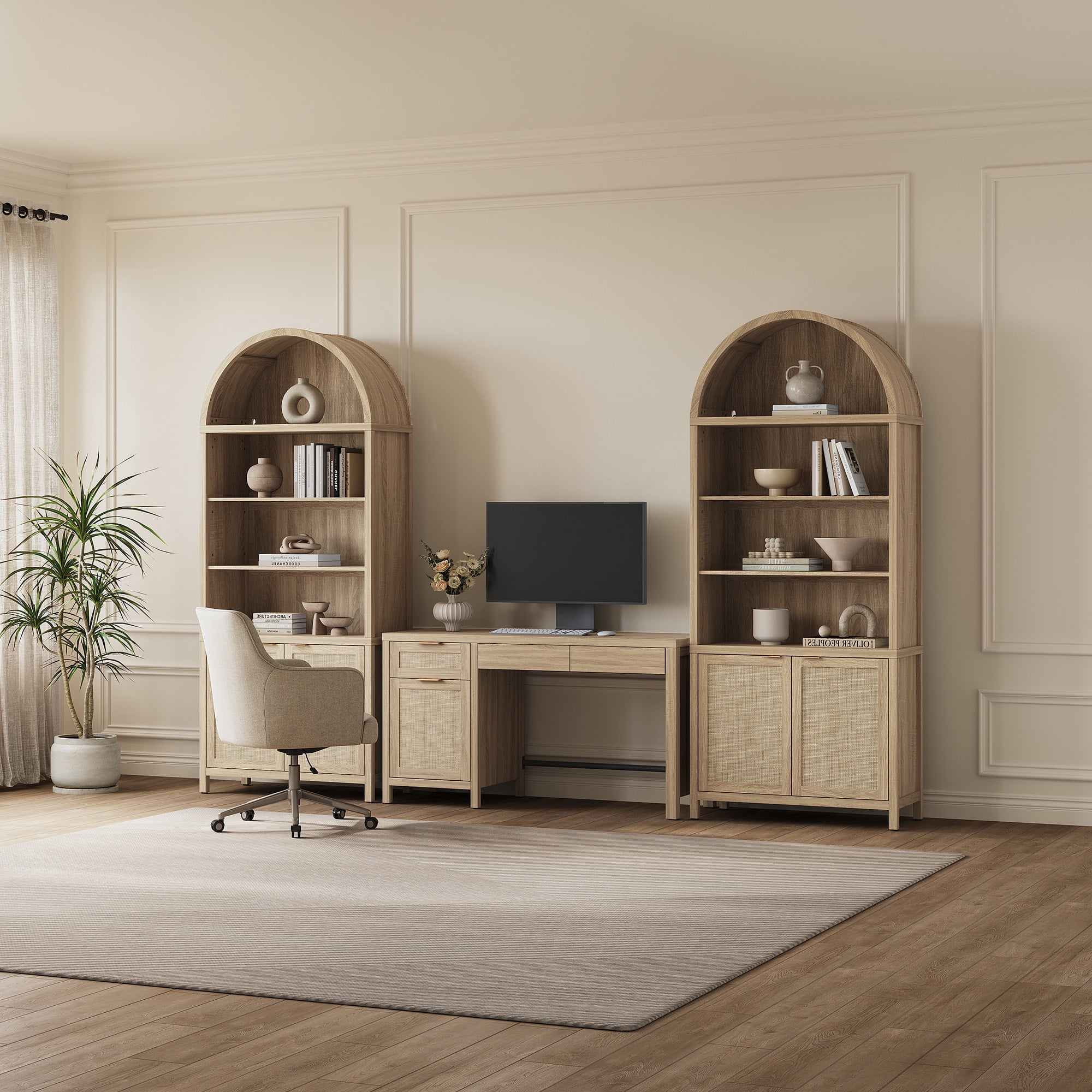 SICOTAS 55" Wide Writing Desk with Rattan Decor & Hidden Drawers Set of 2–Spacious Desktop for Dual Monitors, Adjustable Shelf, Sturdy Engineered Wood, Boho Style for Home Office or Vanity