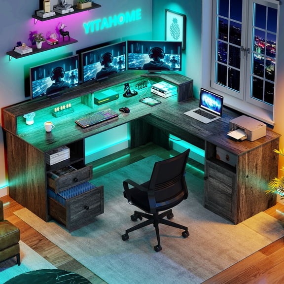 Dextrus L Shaped Desk with Drawers & Lift Top , 60" Corner Computer Desk with Power Outlet & LED Lights, Office Desk Game Desk with Monitor Stand & File Cabinet, Gray