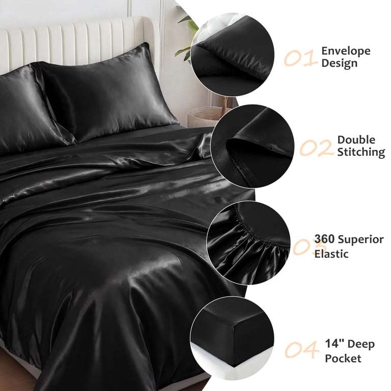 Vccoem Satin Sheets Set, Queen Size, 4 Pieces, Black photo 6