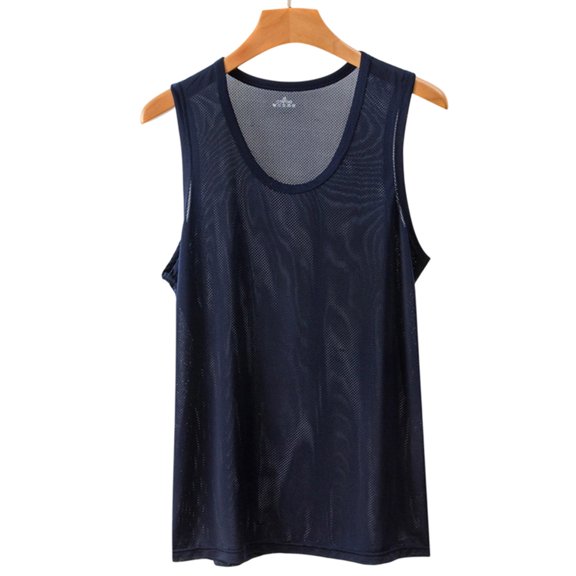 LEKWK Mens Mesh Tank Top Sleeveless Crewneck See Through Breathable Lightweight Athletic Workout Tees Gym Basketball Training Tops Shirts Navy L