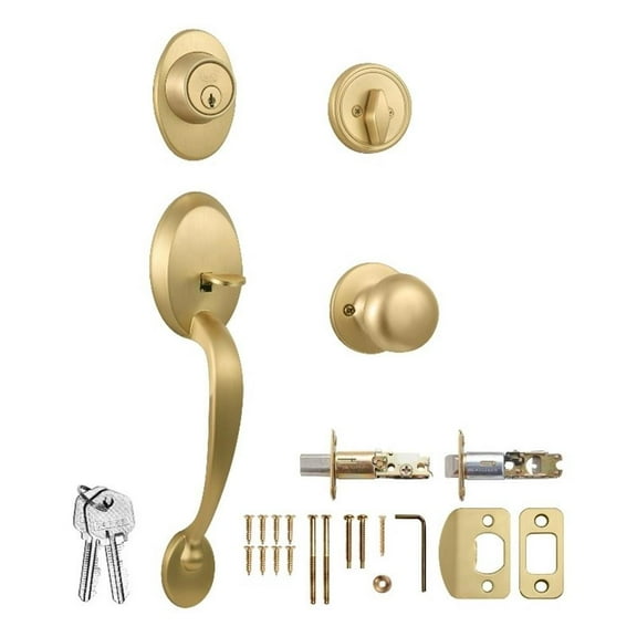 Design House Cambridge Coventry Door Handle Set with Single Cylinder Deadbolt ? Satin Gold ?  , 726935
