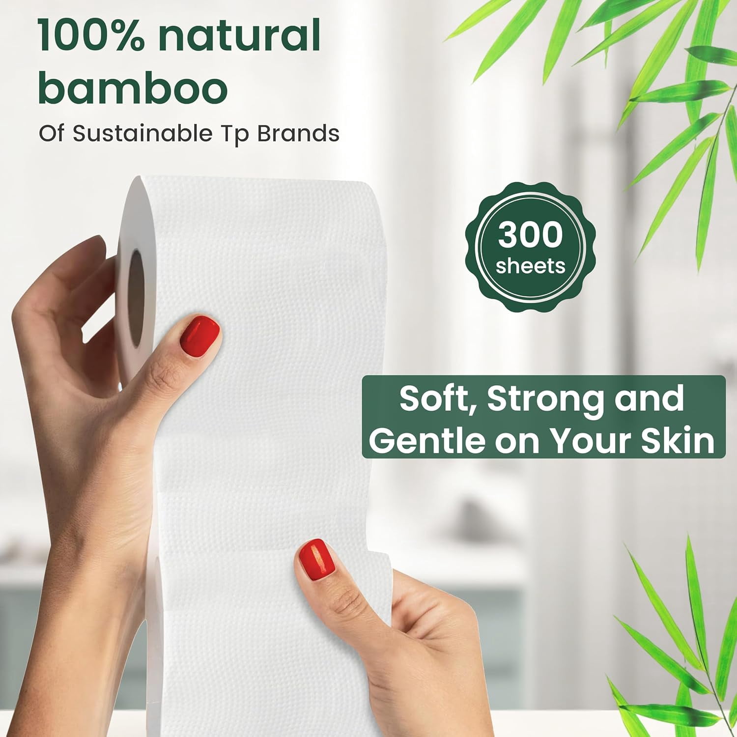 Bamboo Toilet Paper, Ultra-Soft & Strong, 3-Ply & 300 Sheets, Septic Safe, 12 Rolls, 100% Natural Bamboo, Non Toxic Toilet Paper, Sustainable, Biodegradable, Plastic-Free Packaging