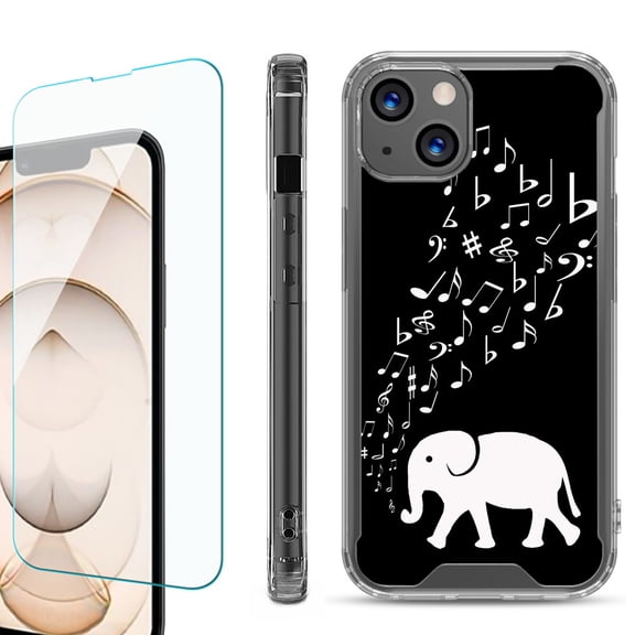 Shockproof Bumper Phone Case for iPhone 13, with Tempered Glass Screen Protector, by OneToughShield ® - Elephant Music