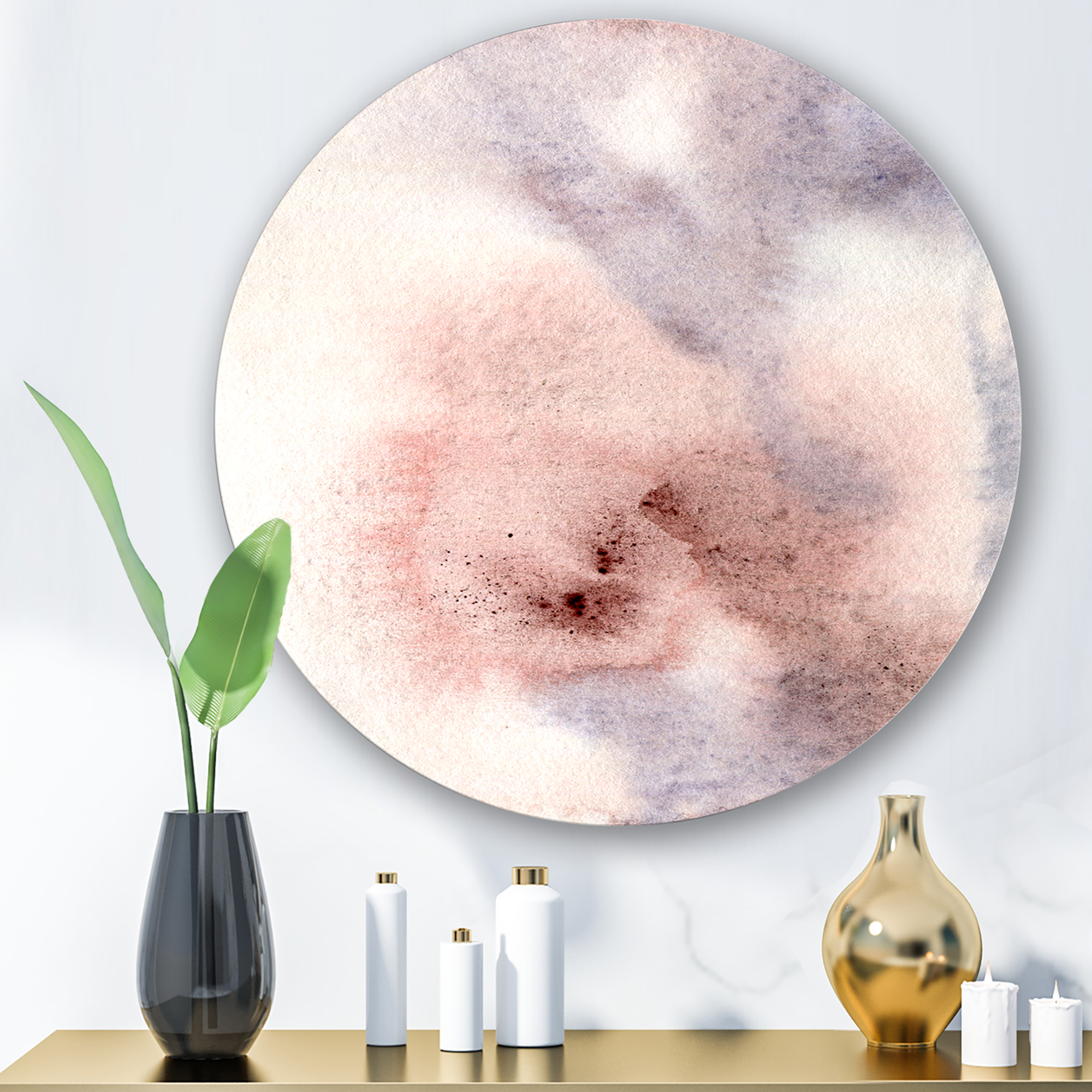Designart 'Pastel Abstract With Pink Blue Beige and Red Spots' Modern Circle Metal Wall Art 23x23 - Disc of 23