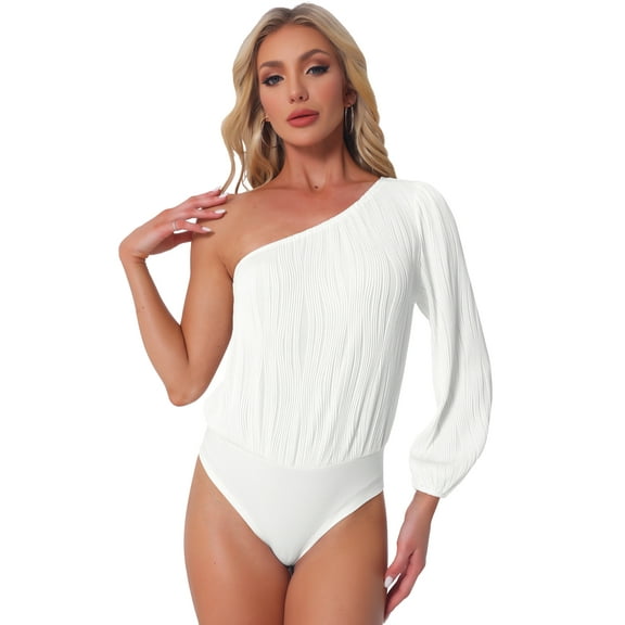 DARING DIVA One Shoulder Bodysuit Long Sleeve Ribbed Body Suits XS White