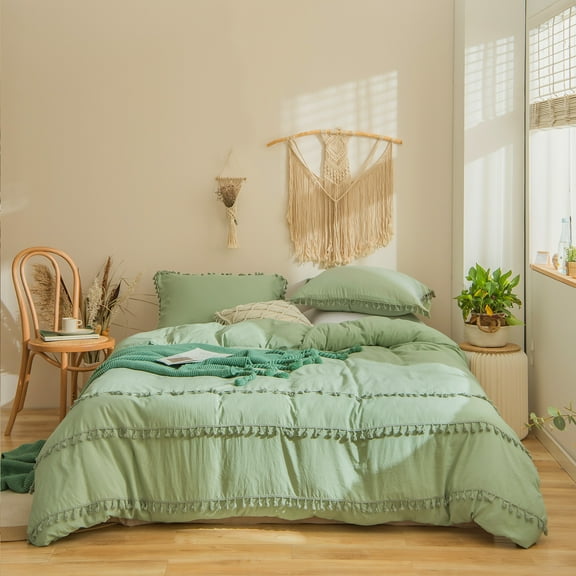Move Over Green Tassels Bedding Sets King Tassel Duvet Cover Set Washed Microfiber No Filling