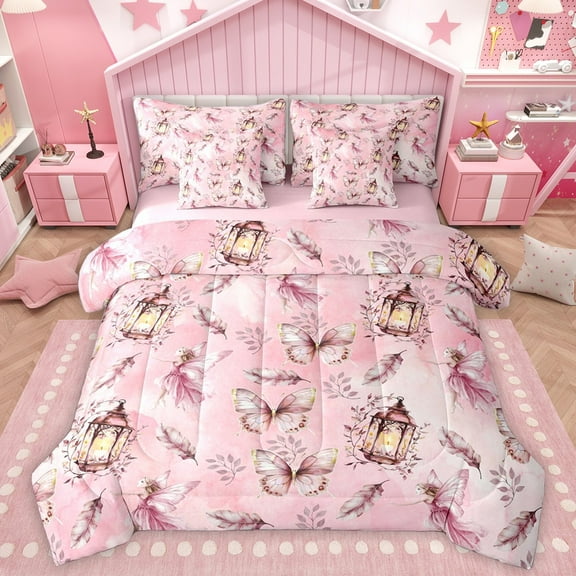 Homewish Flying Pink Butterflies 7-Piece Twin Bedding Sets For Teens Girls Adults Female,Dreamy Princess Bedding Comforter Set,Cartoon Fairy Elf Breathable Sheet Sets,Super Cozy Room Decor