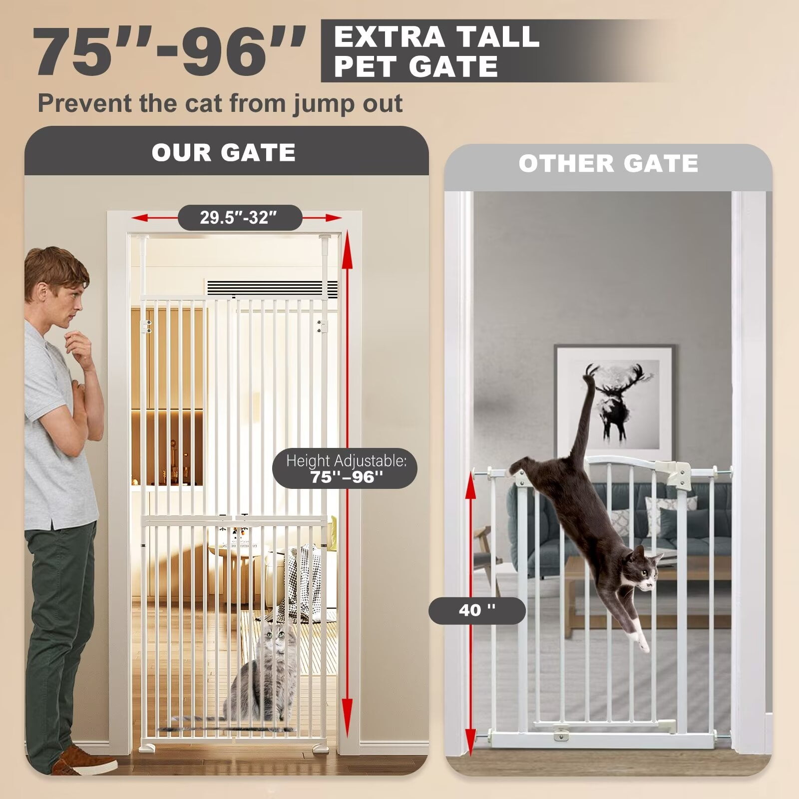 Lilypelle Extra Tall Cat Pet Gate, Adjustable 29.5-32 Inch Width 74.8-96.5 Inch Height, No Drilling Pressure Mounted, Walk Through Swing Safety Double Door Gate for Doorways, Stairs, Kitchen, House