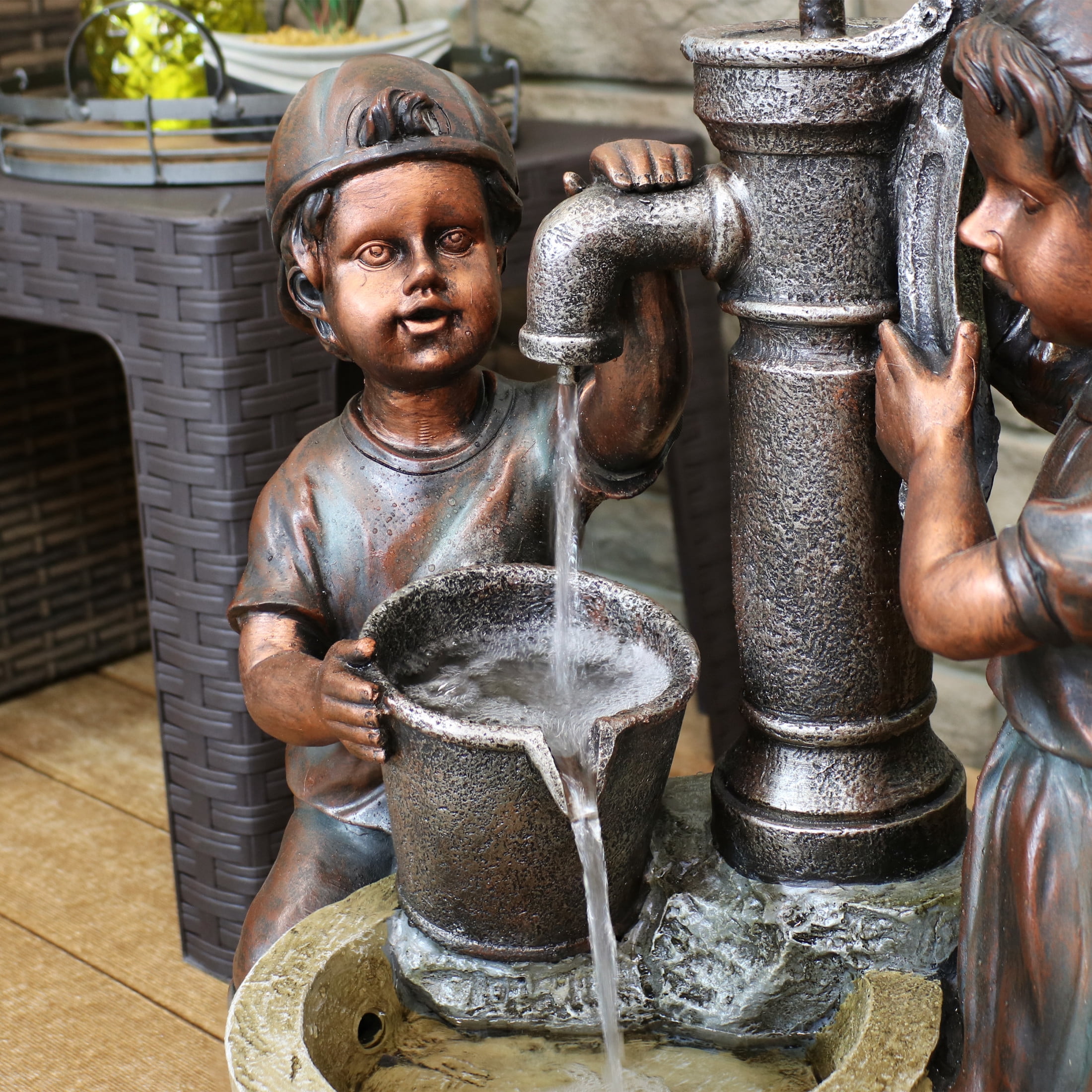Sunnydaze Jack and Jill at Farmhouse Pump Polyresin Outdoor Water Fountain