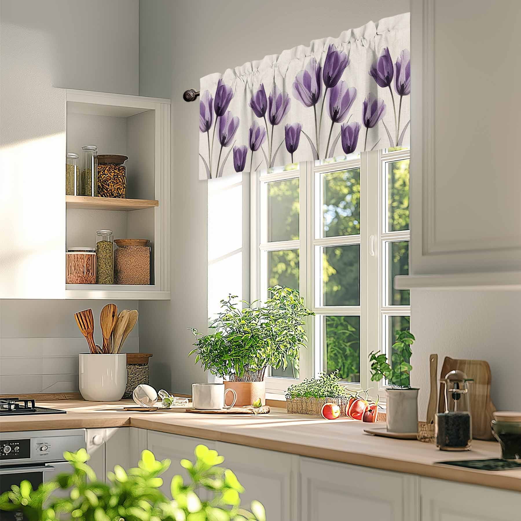 Purple Tulip Valances for Windows, 60 x 18in, Minimalist Modern Flowers Art Linen Background Rod Pocket Kitchen Valance Curtain Light Filtering Window Treatments for Living Room Bedroom, 1 Panel