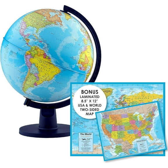 Waypoint Geographic Scout With Map, World Globe for Kids, Decorative Classroom Globe with Stand, More than 4000 Places, 12” Interactive Globe, Bonus Map Included, Blue