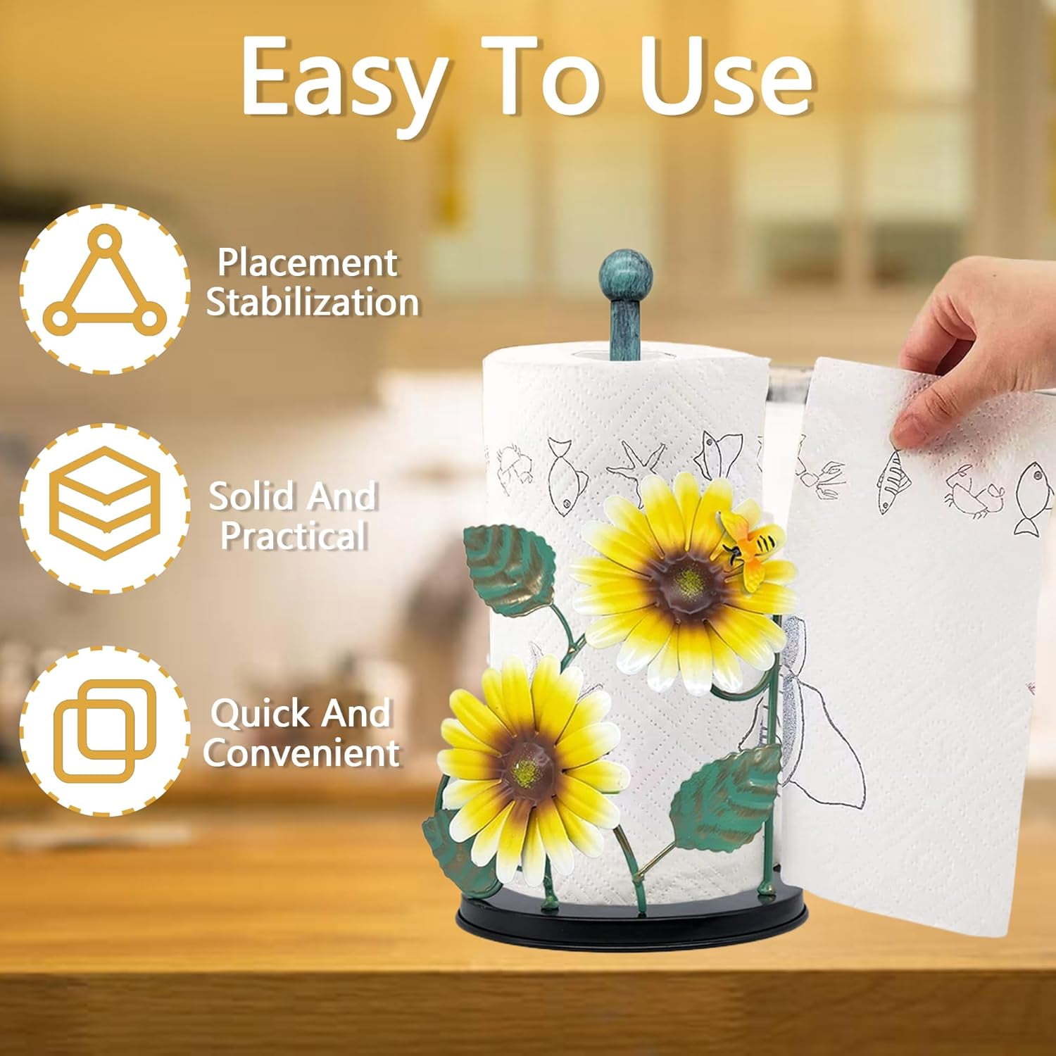 Sunflower Decor Paper Towel Holder,Metal Kitchen Paper Towel Holder with Bee, Sunflower Kitchen Decor and Accessories,Farmhouse Towel Stand for Kitchen Bathroom Countertop