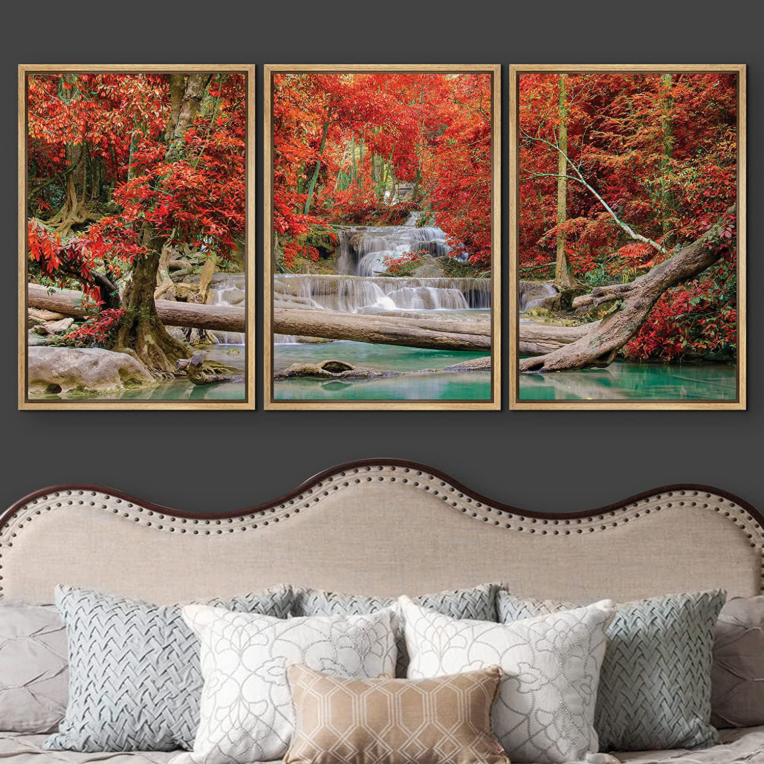 wall26 Framed Canvass Print Wall Art Set Red Autumn Trees amp; Forest  Waterfall Nature Wilderness Photography Modern Art Southwest Colorful Ultra  for Living Room, Bedroom, Office 24quot;x36quot;