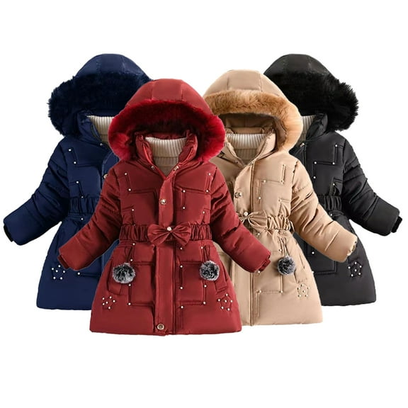KYAIGUO Toddler Kids Girls Winter Outerwear Baby Hooded Cotton OutWear Mid-Length Soft Cute Warm Heavyweigh Zipper Hooded Parka Kid Fleece Snowsuit Jacket Coat for 3-10T