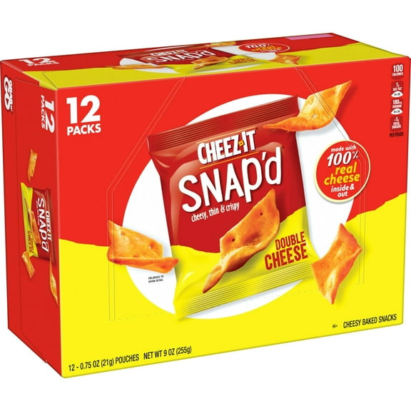 Cheez-It Snap'd Cheese Cracker Chips, HYZ01 Thin Crisps, Lunch Snacks, Double Cheese, 9oz Box (12 Pouches)