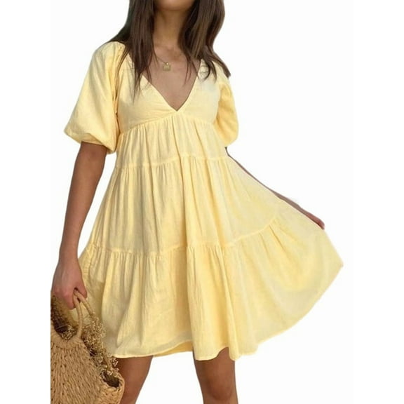 Womens Puff Short Sleeve Mini Dress Flowy Y2k Ruffle Lace Trim Babydoll Tie Front Embroidered A Line Dresses Yellow XL