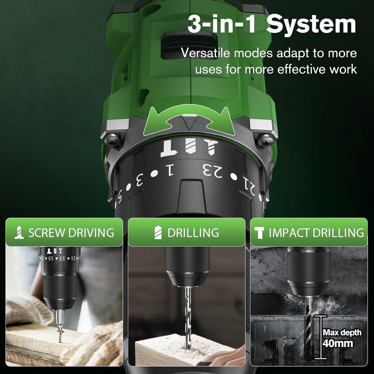 21V Cordless Drill Set, Electric Power Drill 34Pcs with 3/8 Inch Keyless Chuck, 25+3 Clutch Compact Driver Drill with Work Light, Max torque 45Nm, 2-Variable Speed & Battery and Fast Charger