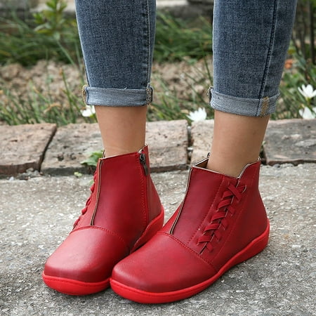 

Women Winter Snow Boots PU Leather Flat Lace up Round Toe Ankle Boots 40