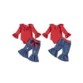 thumbnail image 2 of Miaouyo Infant Baby Girls Fall Outfits 0 3 6 9 12 18 Months Ruffle Long Sleeves Romper and Ripped Denim Flare Pants Clothes Set, 2 of 8