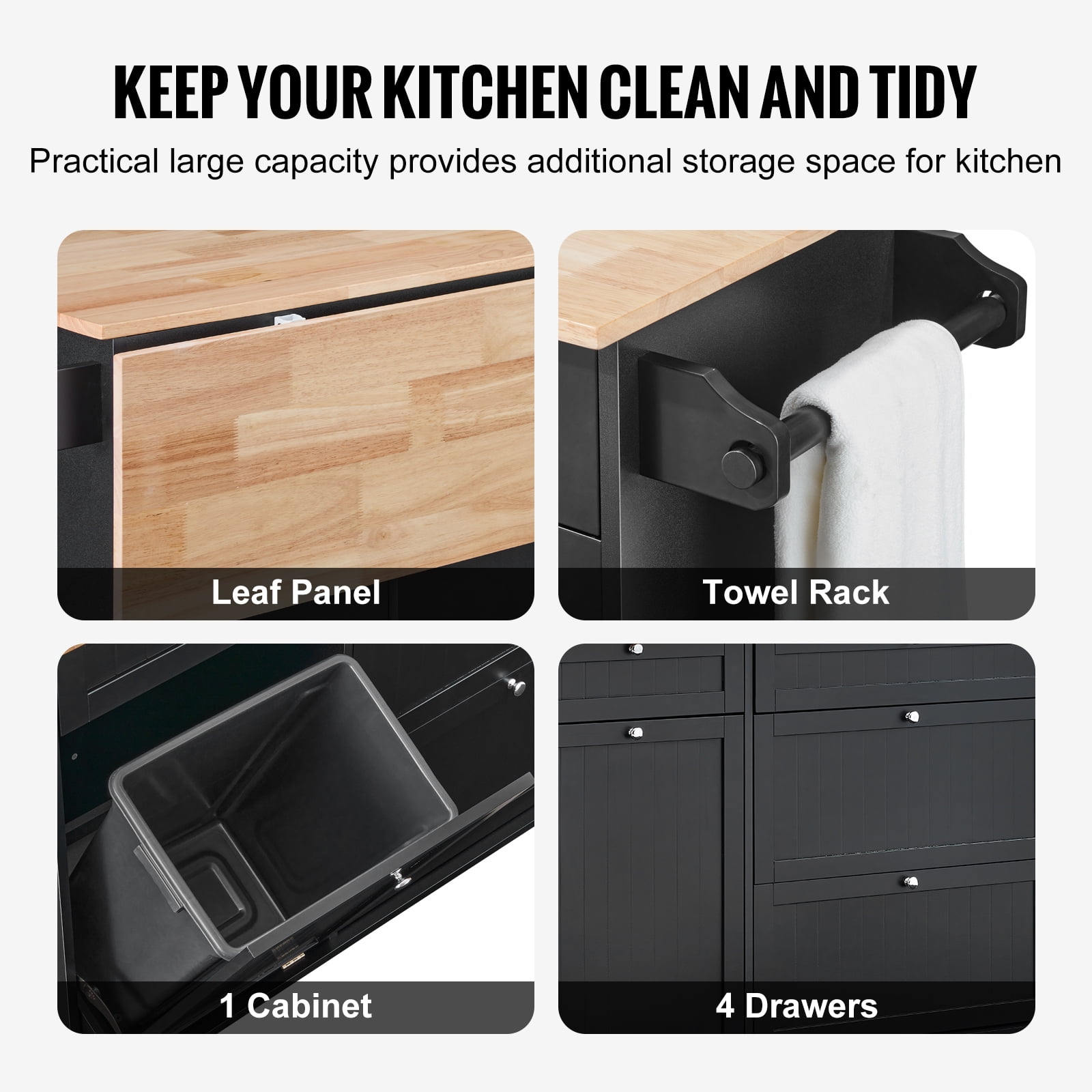 VEVOR Kitchen Island Cart, 50" Wood Top Breakfast Bar with Trash Cabinet Tilt Out 10 Gallon Storage, Farmhouse Dining Living Room Table with Drop Leaf, Towel Bar, Drawer, Black